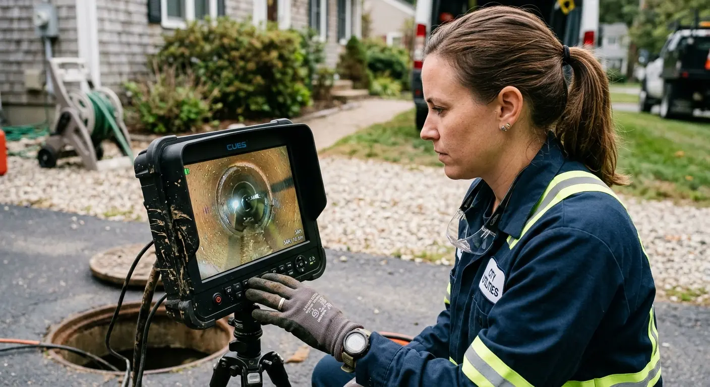 Technician reviewing sewer camera inspection footage in St. Cloud
