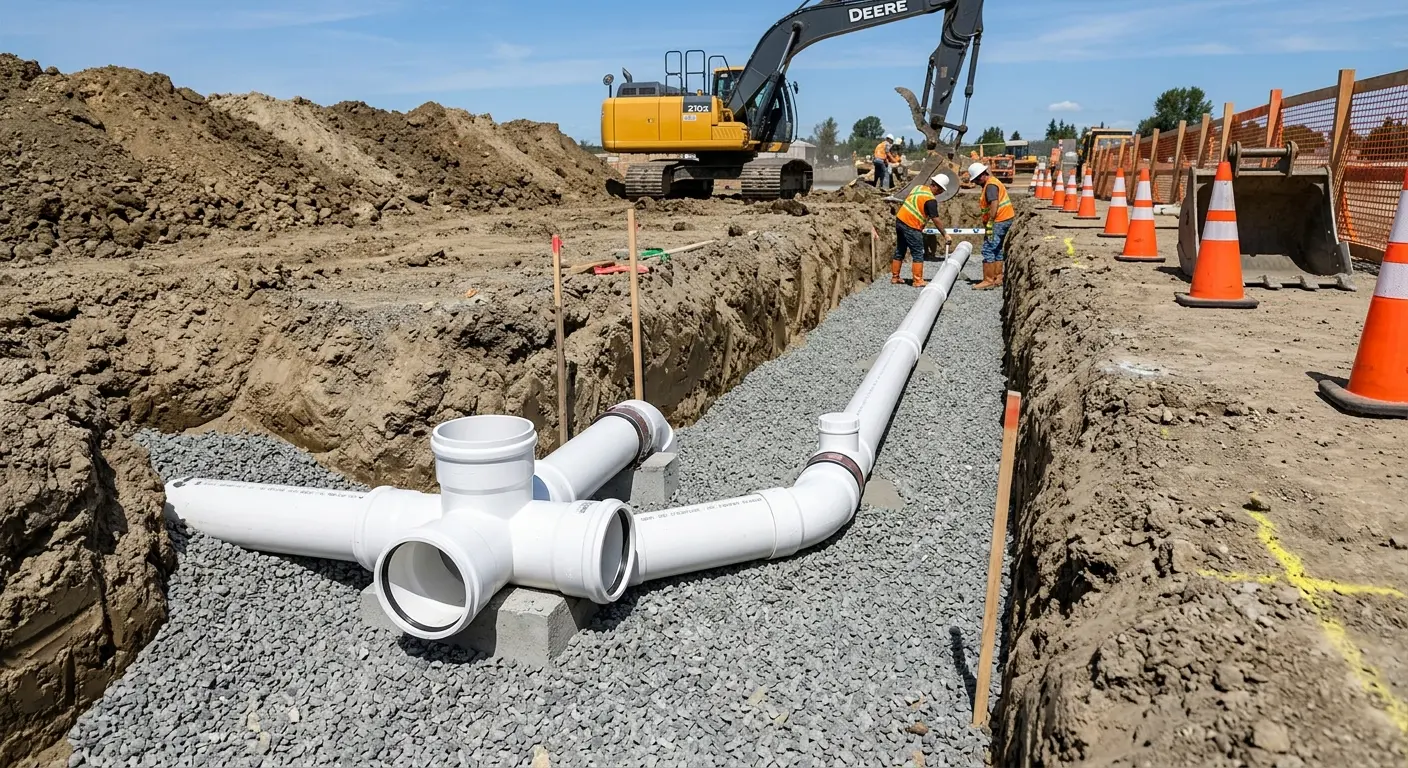 New PVC sewer pipe installation in open trench for Commercial Drain Cleaning in St. Cloud