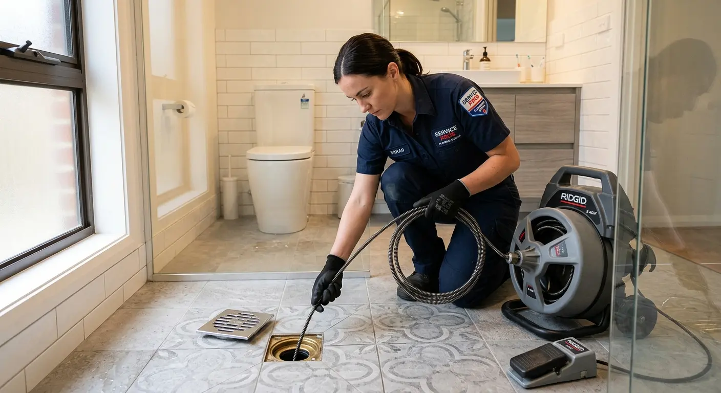 Technician clearing a bathroom floor drain for Hydro Jetting in St. Cloud